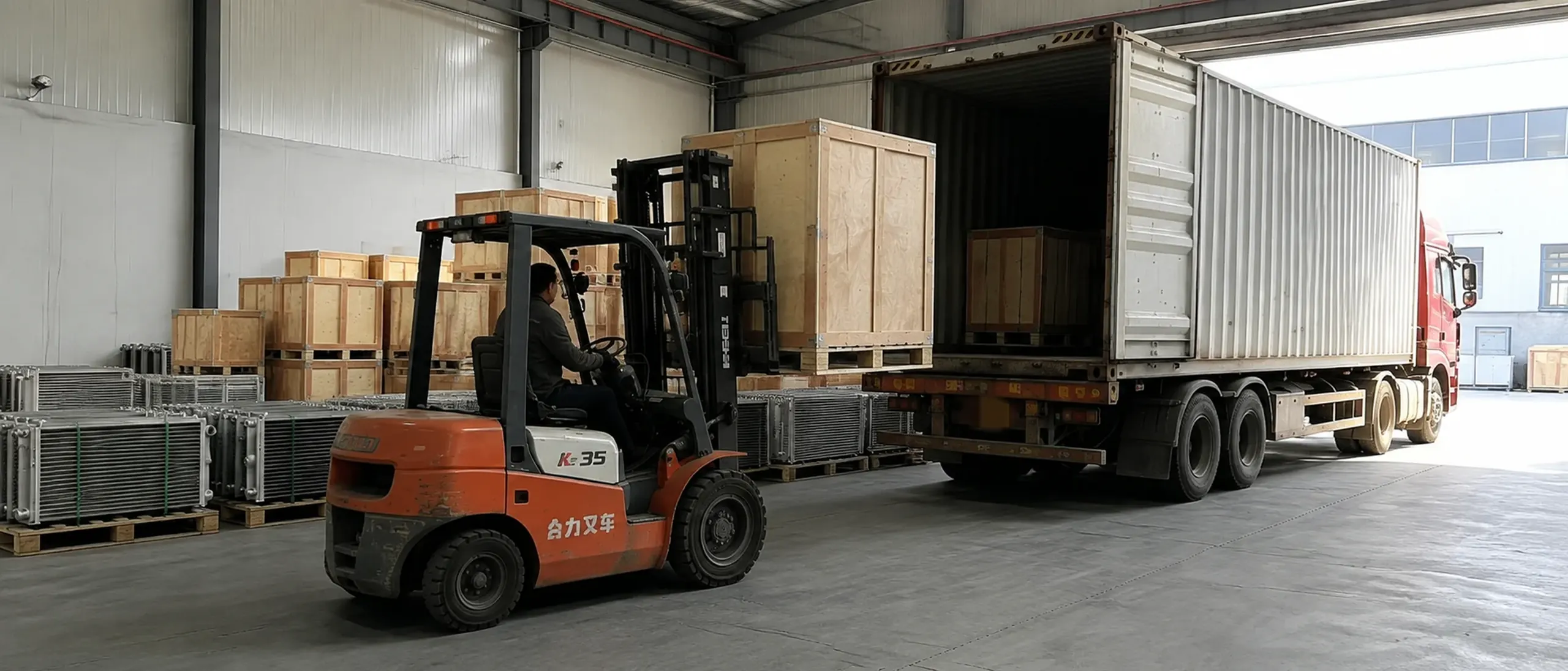Secure wooden crate packaging and container loading of custom radiators for global export shipping