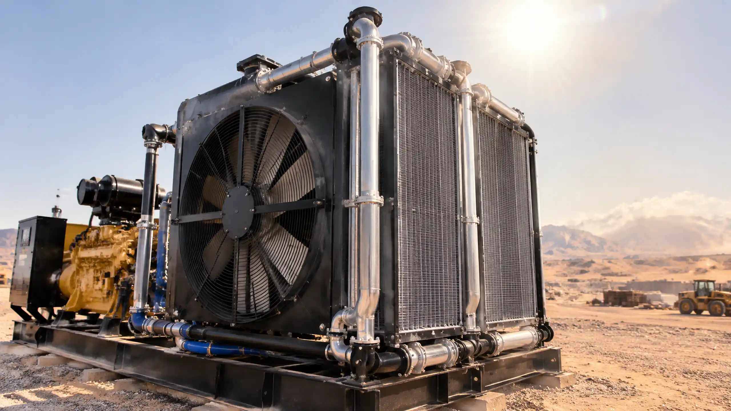 Heavy-duty 50°C high ambient industrial radiator assembly for a 2000kW generator set.
