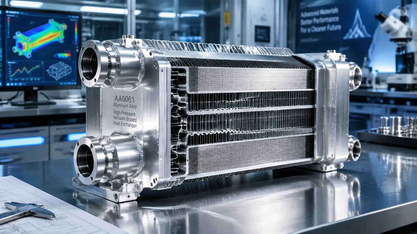 Heavy-duty vacuum-brazed AA6061 aluminum heat exchanger rated for cyclic pressures above 60 bar in hydraulic and CNG cooling.