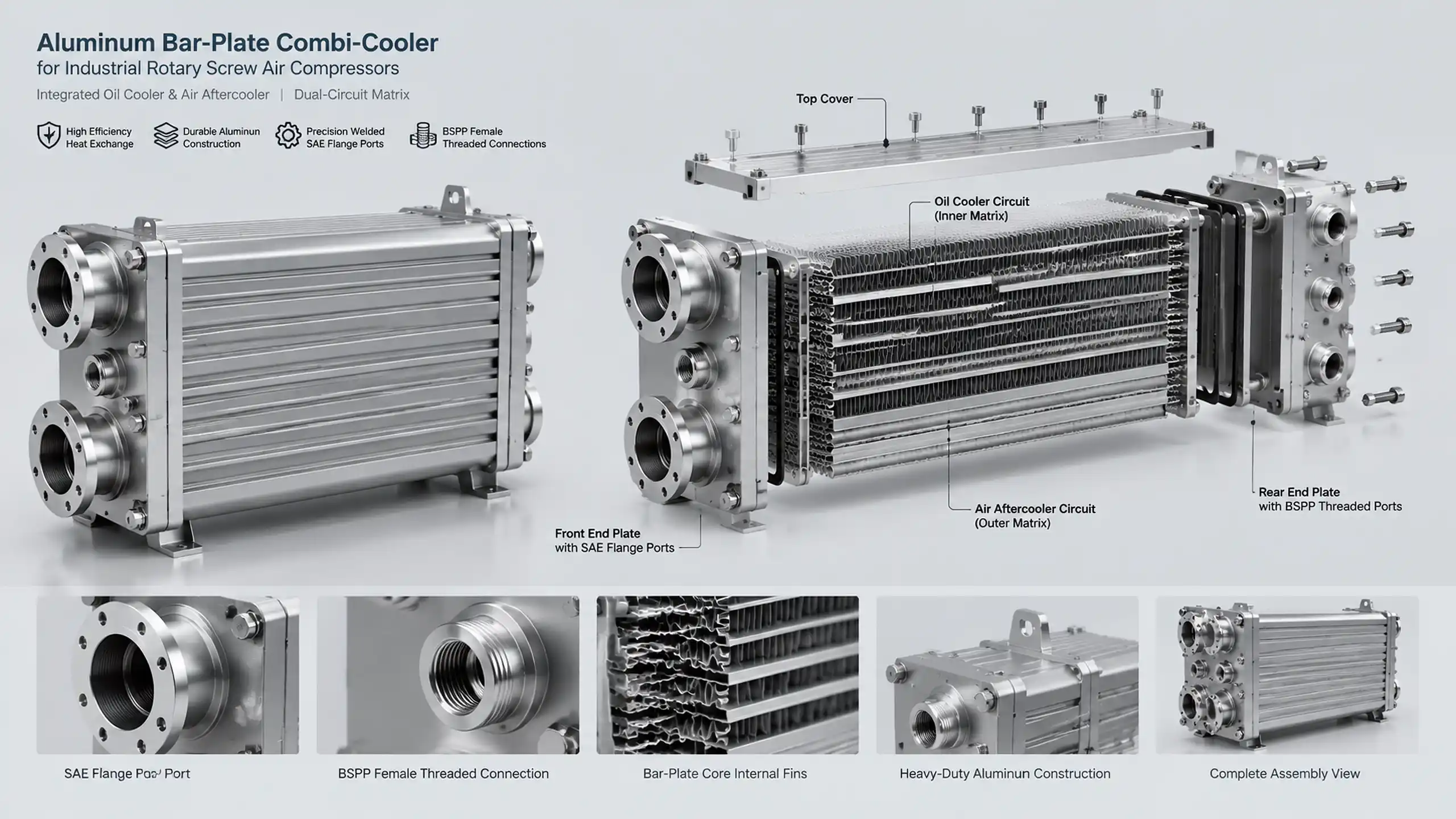 Exploded view of an aluminum bar-and-plate compressor combi-cooler with separate oil and compressed-air cooling sections.