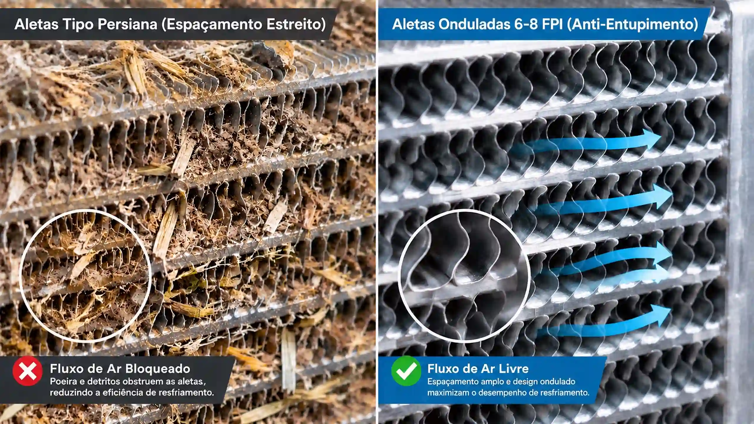 Comparação entre aleta persiana obstruída por poeira e aleta ondulada de 6 a 8 FPI limpa.