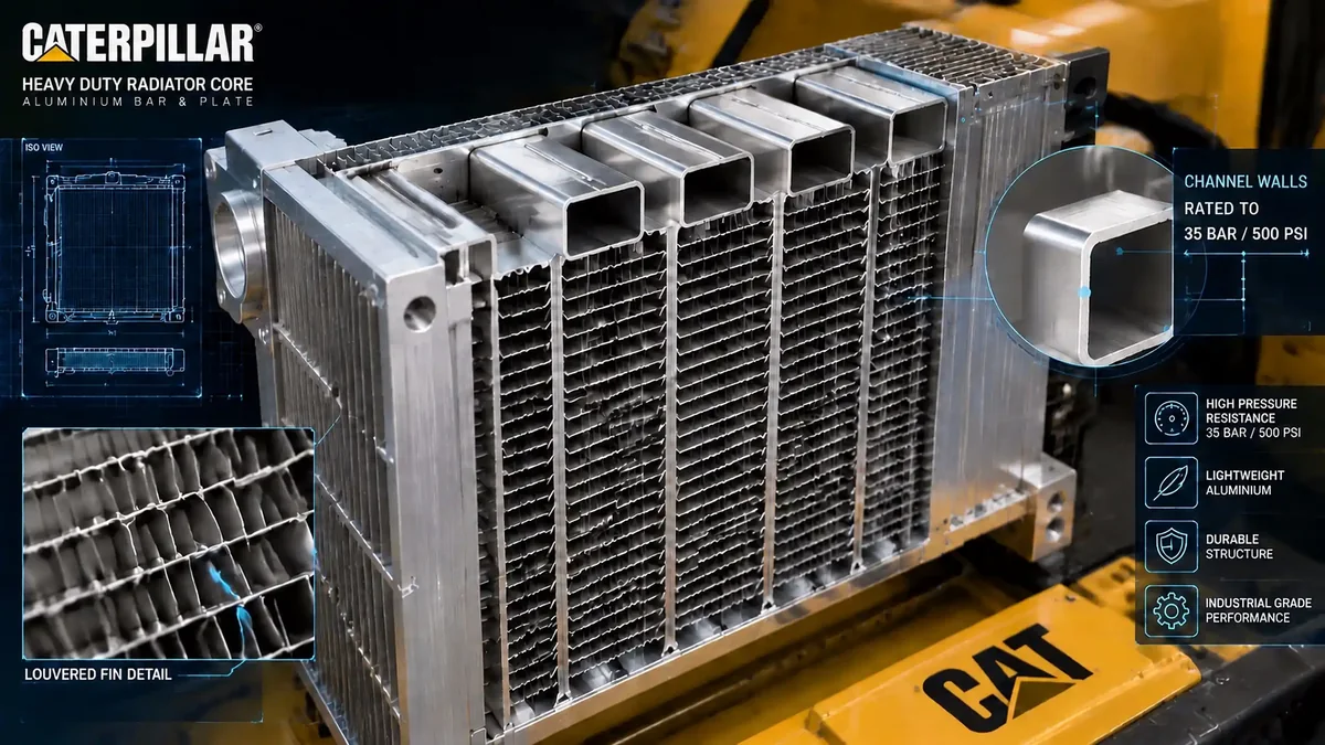 Engineering cross-section of heavy-duty bar-and-plate aluminium radiator core with reinforced tubes for high-vibration earthmover service.