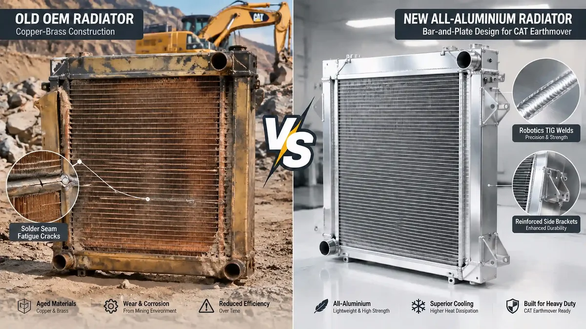 Comparison between OEM copper-brass radiator and heavy-duty aluminium radiator replacement for Caterpillar mining earthmovers.