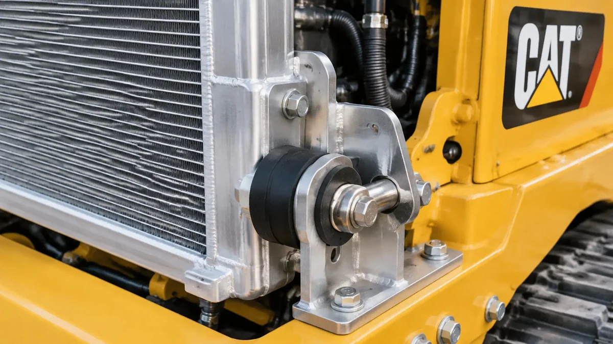 Heavy duty equipment oil cooler and radiator installation using EPDM isolation dampeners for Caterpillar chassis vibration absorption.
