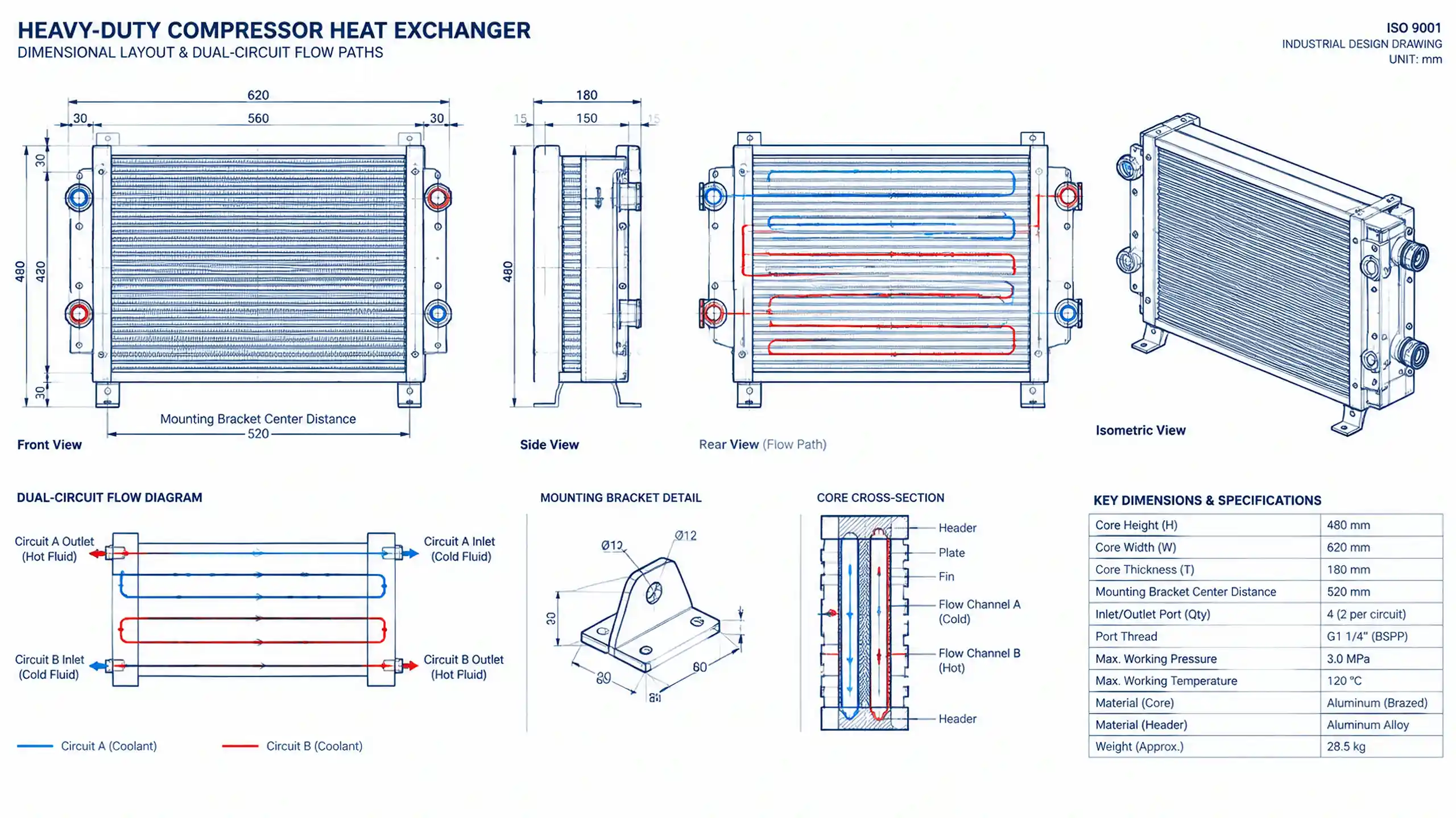Dimensional drawing of a compressor heat exchanger showing the core envelope, mounting centers and port locations needed for aftermarket cross-reference.