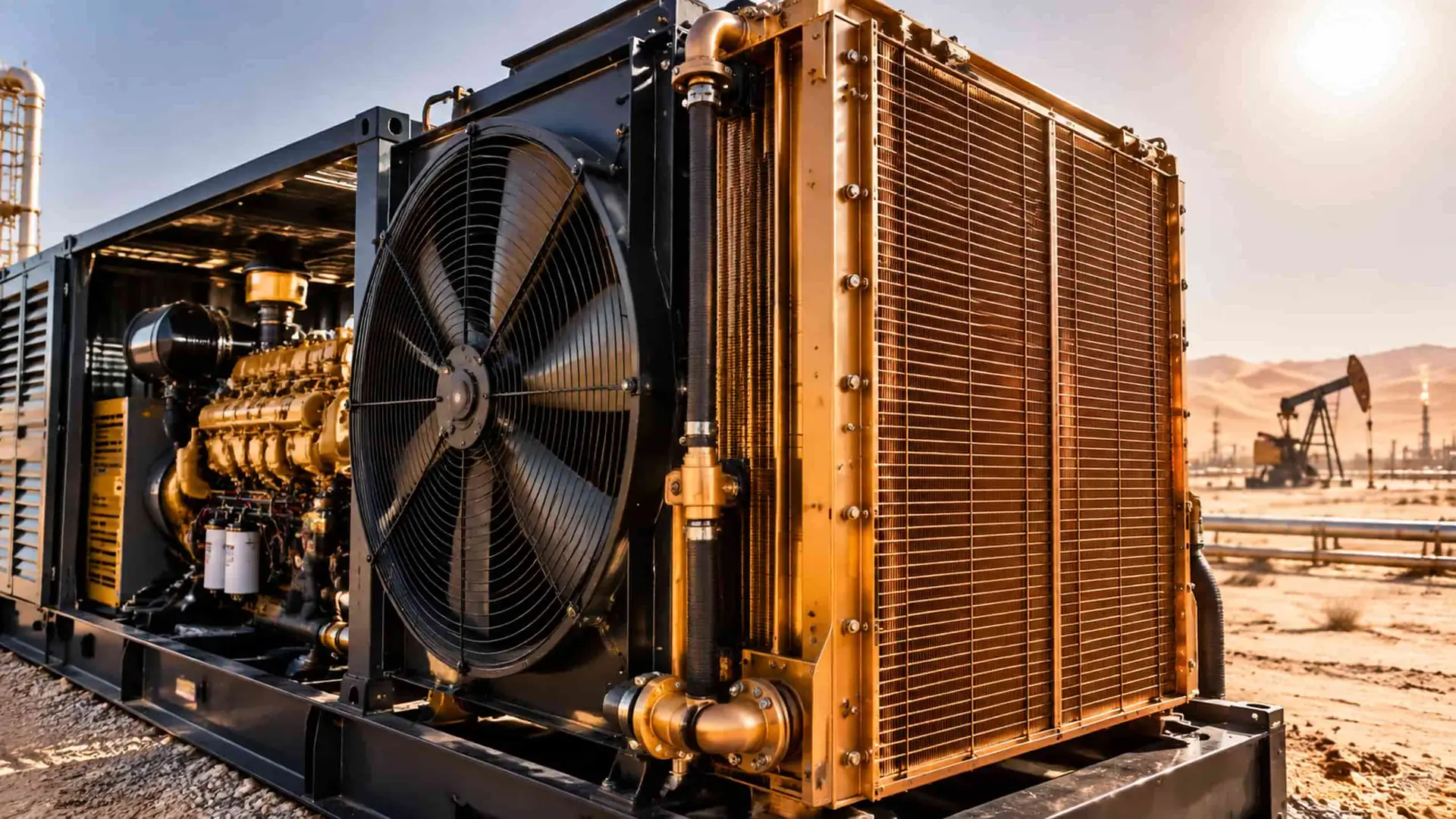 Heavy-duty desert spec diesel generator radiator with high static pressure fan operating in 50C ambient Middle East oilfield.