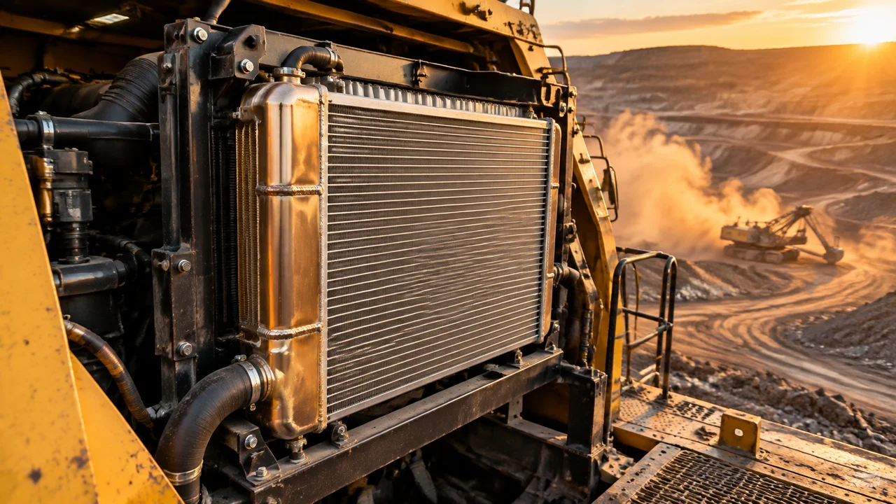 Heavy-duty industrial radiator with welded steel tanks installed in an open-pit mining excavator engine compartment during dusty operations.