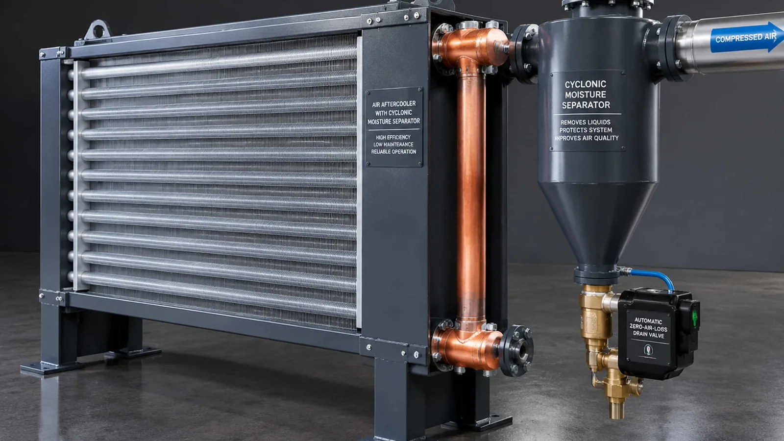 Heavy-duty compressed air aftercooler with integrated moisture separator and automatic drain valve for industrial compressor systems.
