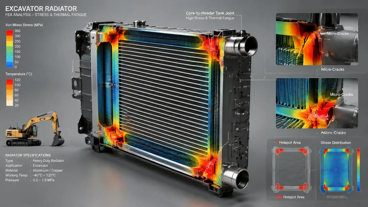 3D mechanical diagram showing thermal expansion and torsional stress causing cracks at the core-to-header joint of a Komatsu excavator radiator.