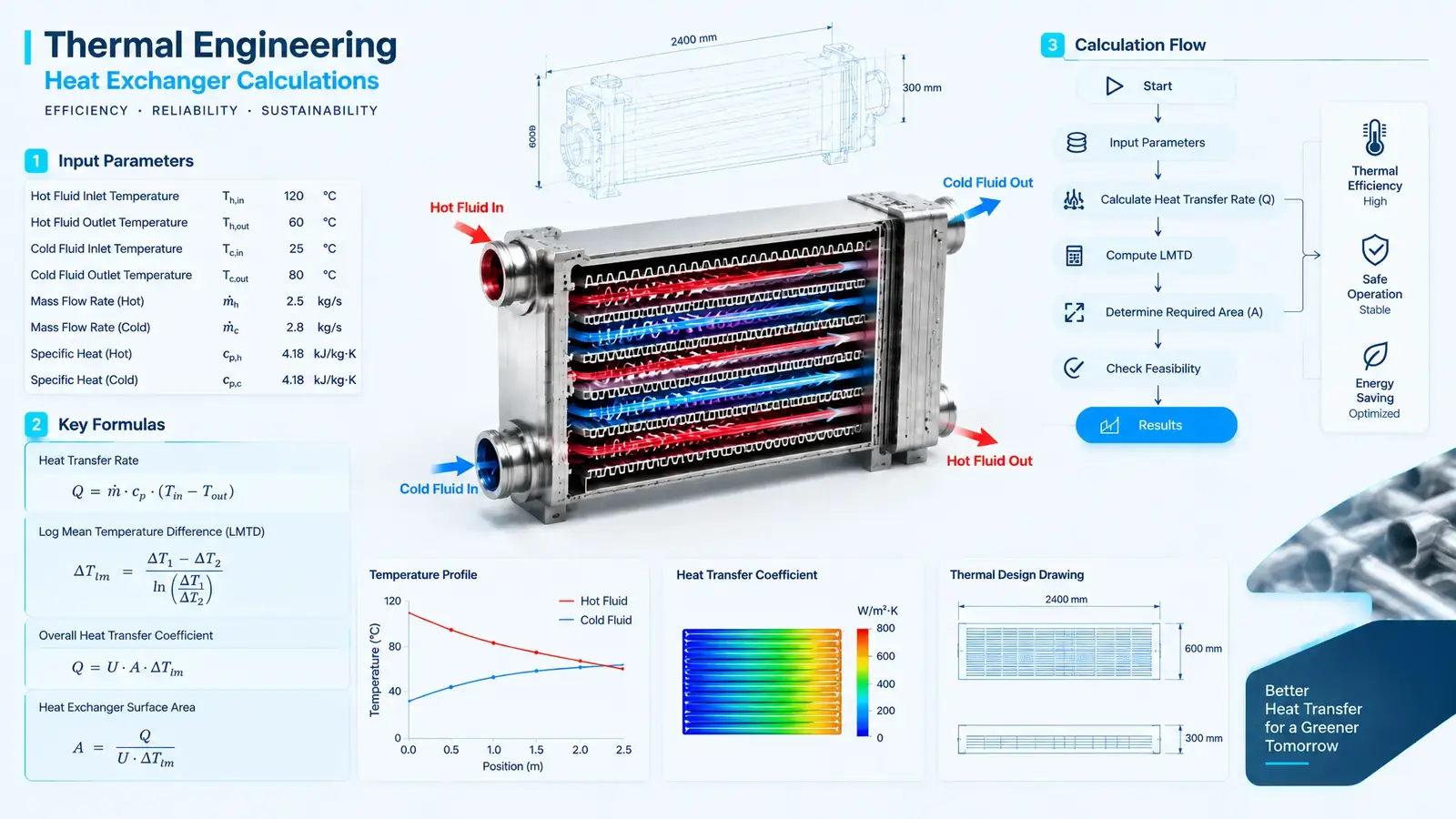 Engineering calculation workflow for sizing plate-fin heat exchanger surface area A = Q / (U * F * LMTD) per ASME standards.