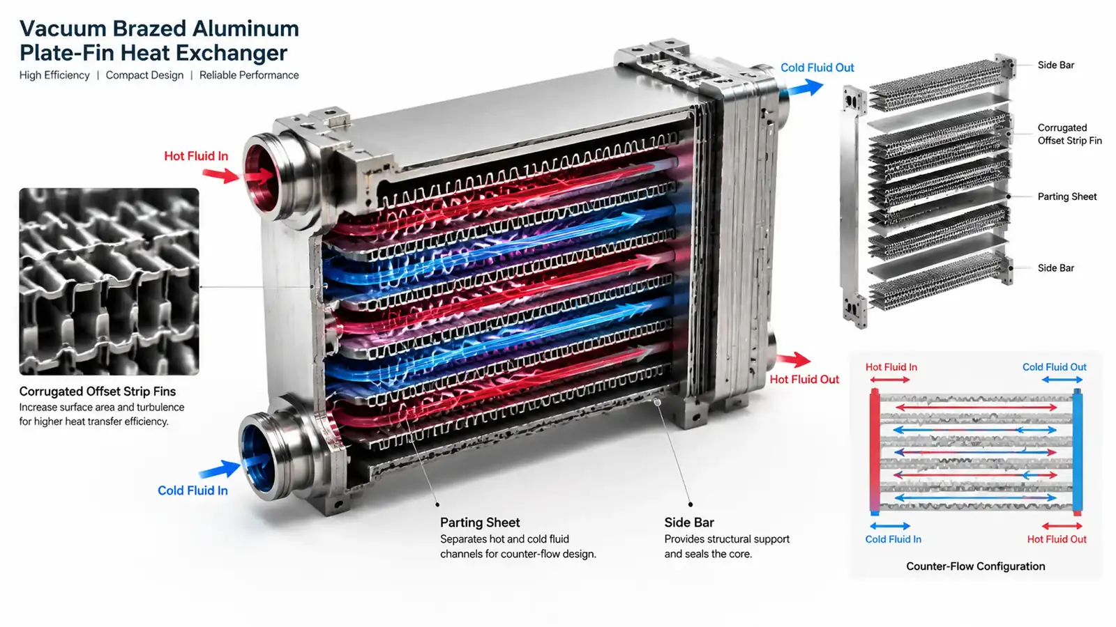 3D cutaway schematic of an aluminum plate-fin heat exchanger showing fin geometry, fluid flow layers, and compact heat transfer surface area parameters.