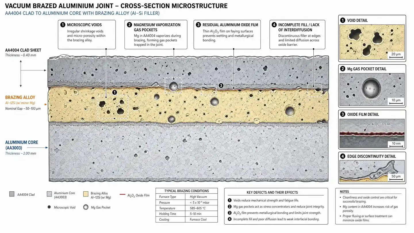 Cross-section technical diagram of vacuum brazed aluminium cold plate showing micro-leak causes: magnesium void formation, residual oxides, and thermal stress cracks.