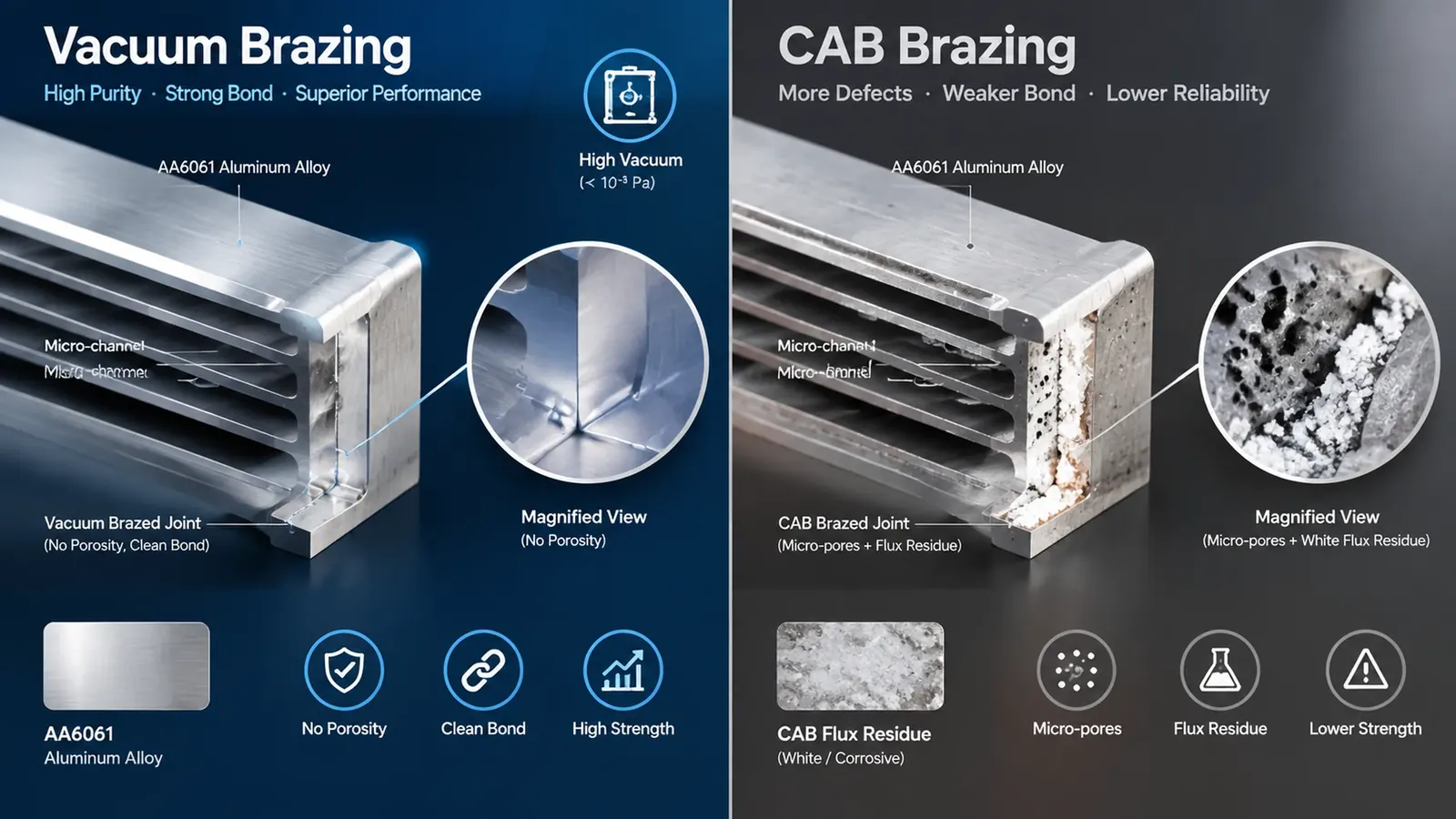 Technical comparison of micro-channel joint cross-section: fluxless vacuum brazing with low porosity versus CAB brazing with flux residue.