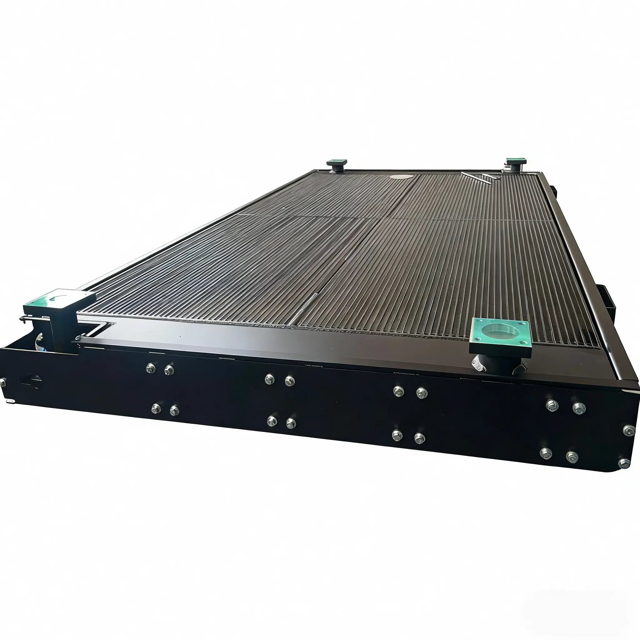 Close-up of vacuum-brazed aluminum plate-fin structure of a heavy-duty locomotive radiator