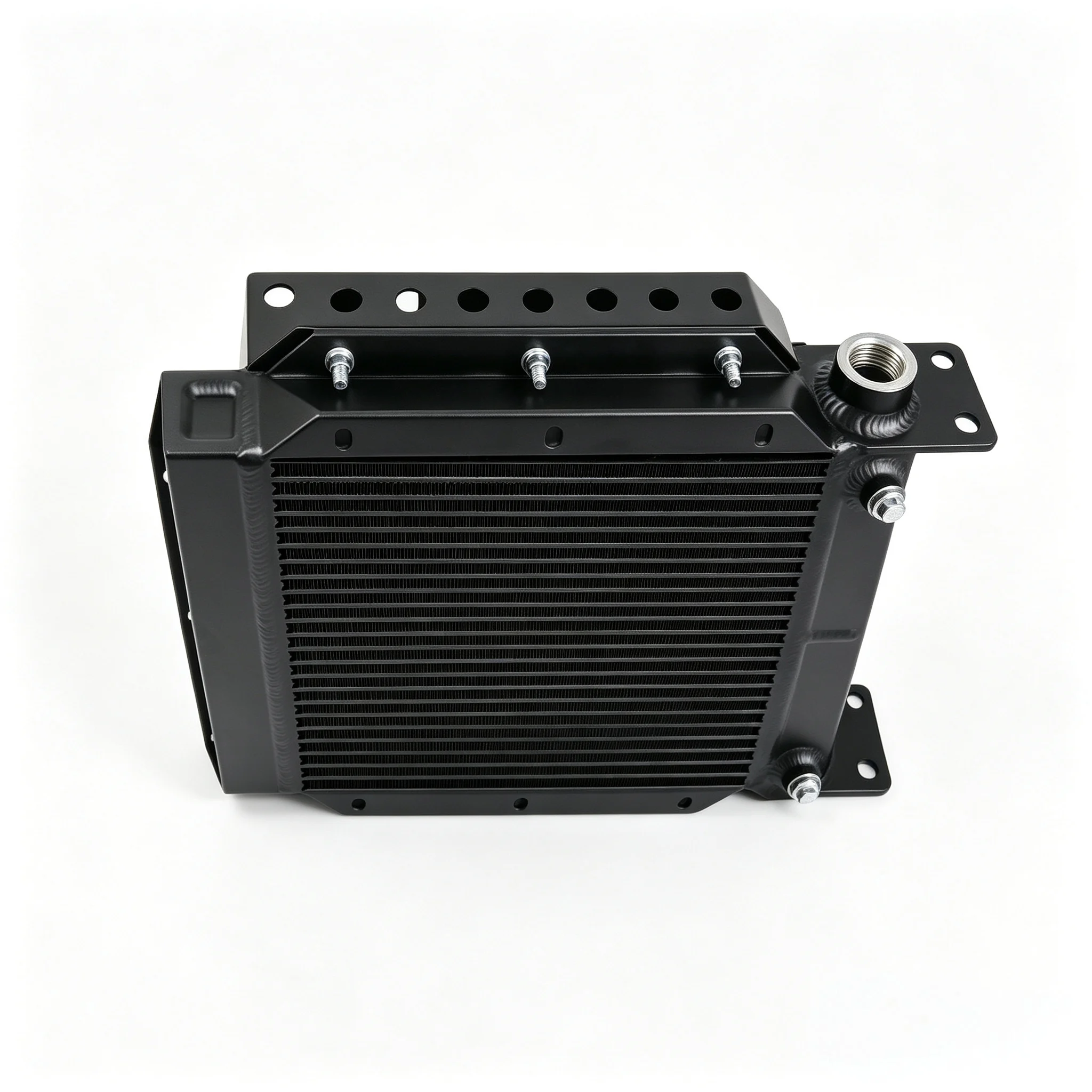 Compact black aluminum custom oil cooler featuring pre-installed bolts and integrated heavy-duty mounting brackets.