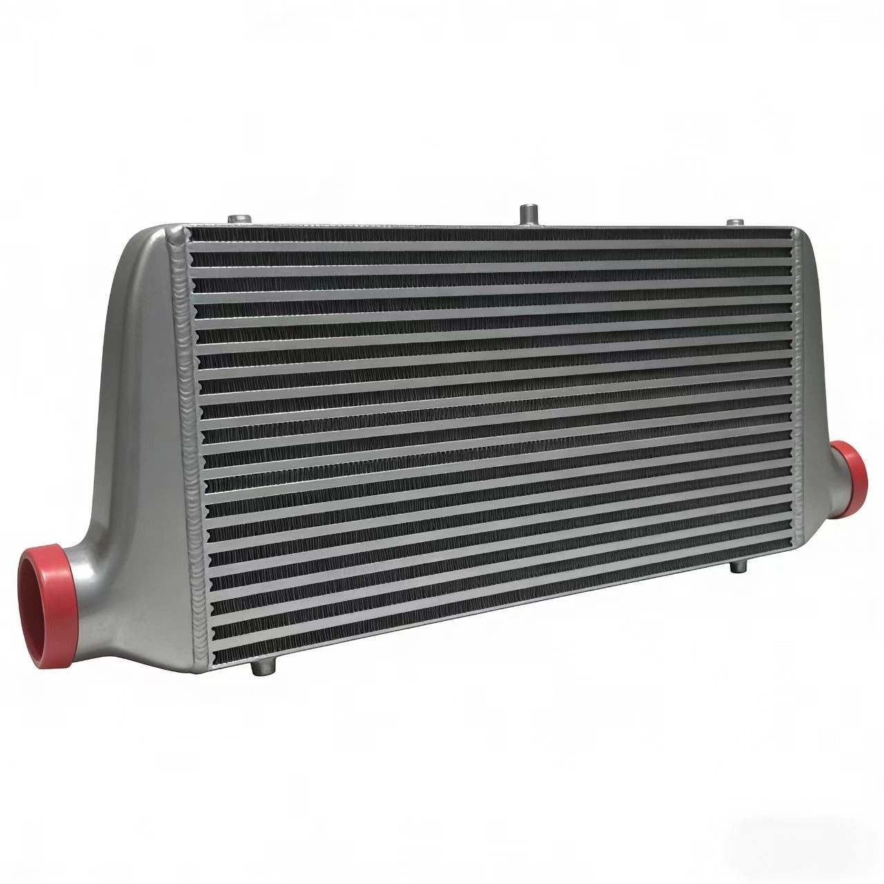 High-performance custom aluminum intercooler displaying bar and plate core design with protective red end caps.