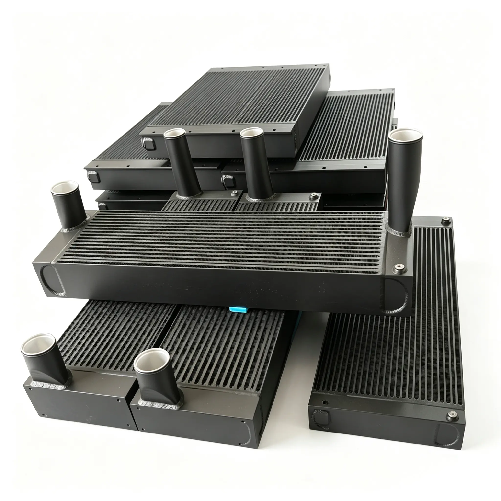 Batch of customized black industrial aluminum heat exchangers with extended cylindrical inlets for vacuum pumps.